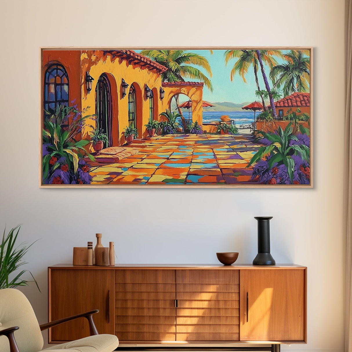 Coastal Patio, Palm View, Sunset, Canvas Print, Mexican beach terrace painting great Entryway Wall Art or Mediterranean Home Decor