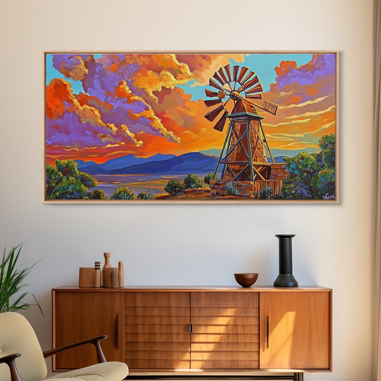 Rustic Windmill, Sunset, Country Sky, Canvas Print, Vibrant farmhouse scene perfect Fall Living Room Wall Art or Rustic Home Decor