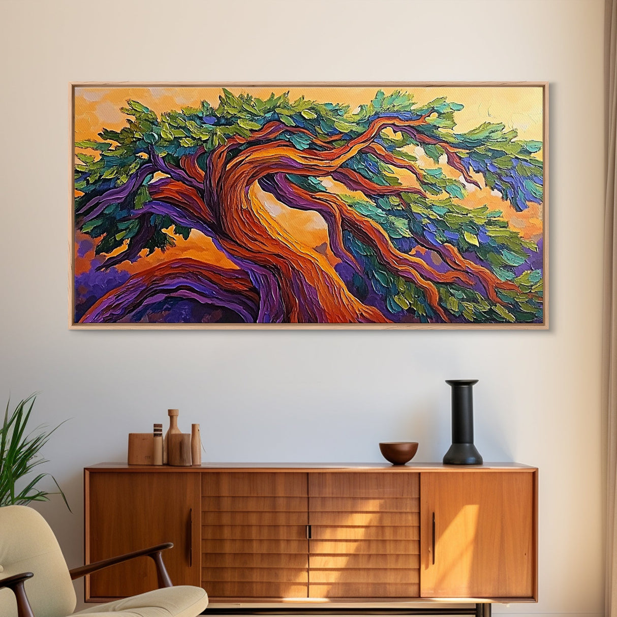 Whimsical Tree, Autumn Sky, Nature, Canvas Print, Bright textured tree painting perfect Fall Bedroom Wall Art or Boho Living Room Art