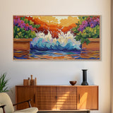 Splash Ocean, Garden, Patio, Canvas Print, bold wave crashing, vibrant tropical garden wall art, outdoor decor, boho coastal style