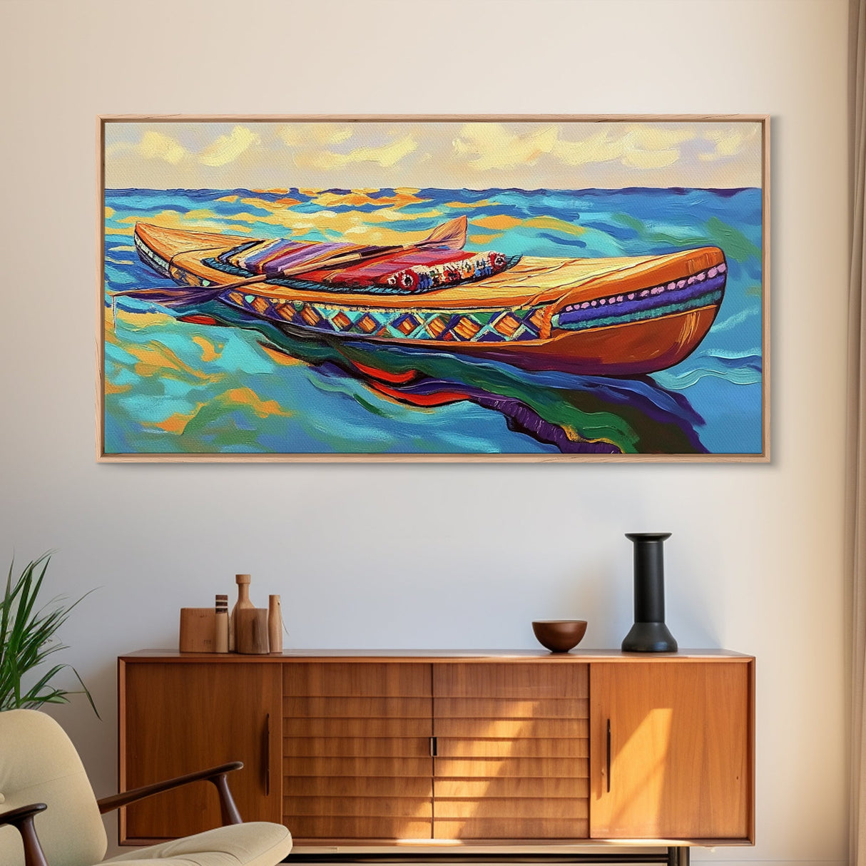 Canoe Water, Colorful, Tribal, Canvas Print, boho kayak art, nautical decor, beach house wall art, rustic folk painting, summer vibe
