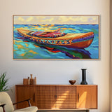 Canoe Water, Colorful, Tribal, Canvas Print, boho kayak art, nautical decor, beach house wall art, rustic folk painting, summer vibe