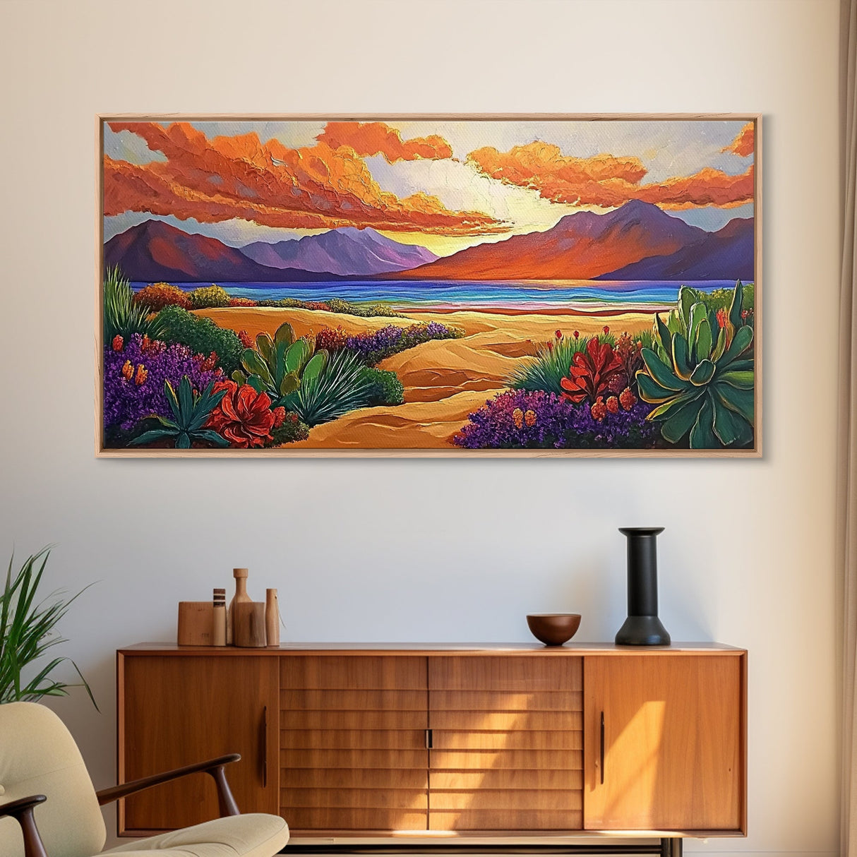 Sunset Desert, Mountains, Canvas Print, Vibrant desert landscape art with sunset sky and mountains, perfect Living Room Wall Art