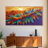 Native Flute, Flowers, Sunset, Framed Canvas Print, Spiritual Native American flute art with flowers and mountains, Boho Wall Art