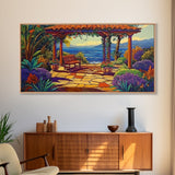 Garden Ocean View, Terrace, Framed Canvas Print, Serene garden bench by the ocean with colorful flowers, perfect Living Room Wall Art