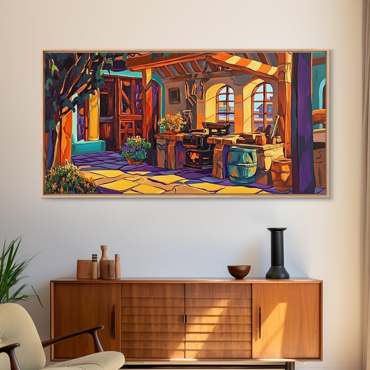 Rustic Kitchen, Mexican, Decor, Framed Canvas Print of rustic kitchen, Kitchen Wall Art, warm tones, bohemian style interior decor