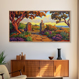 Cross Memorial, Sunset, Framed Canvas Print, Peaceful Autumn scene with cross and mountain view, ideal Fall Living Room Wall Art