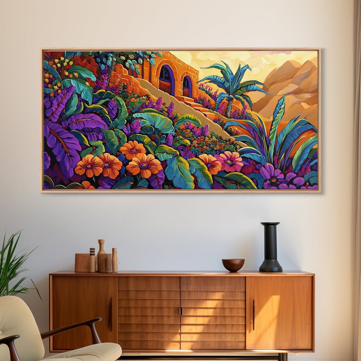 Jungle, Flowers, Adobe, Hillside, Framed Canvas Print tropical wall art, vibrant living room decor, boho jungle scene painting
