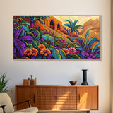 Jungle, Flowers, Adobe, Hillside, Framed Canvas Print tropical wall art, vibrant living room decor, boho jungle scene painting