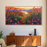 Wildflowers, River, Mountains, Autumn, Canvas Print fall floral decor, rustic meadow art, nature landscape painting, country living room