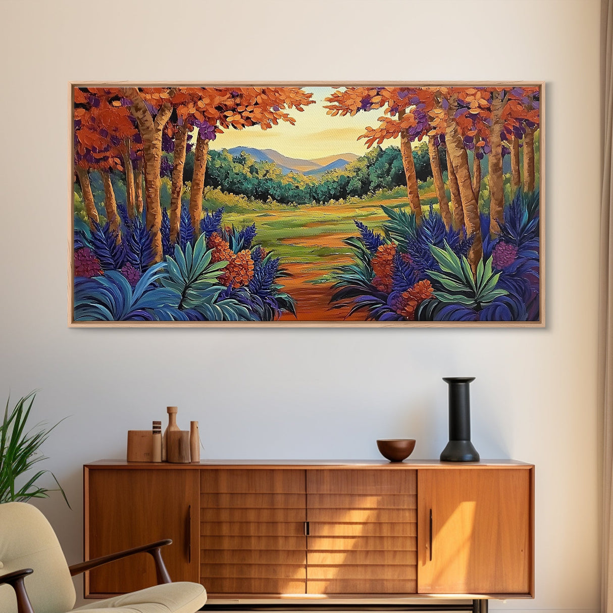 Forest Fall, Colorful, Leaves, Framed Canvas Print bold woodland foliage design, vibrant autumn landscape art, hallway wall accent
