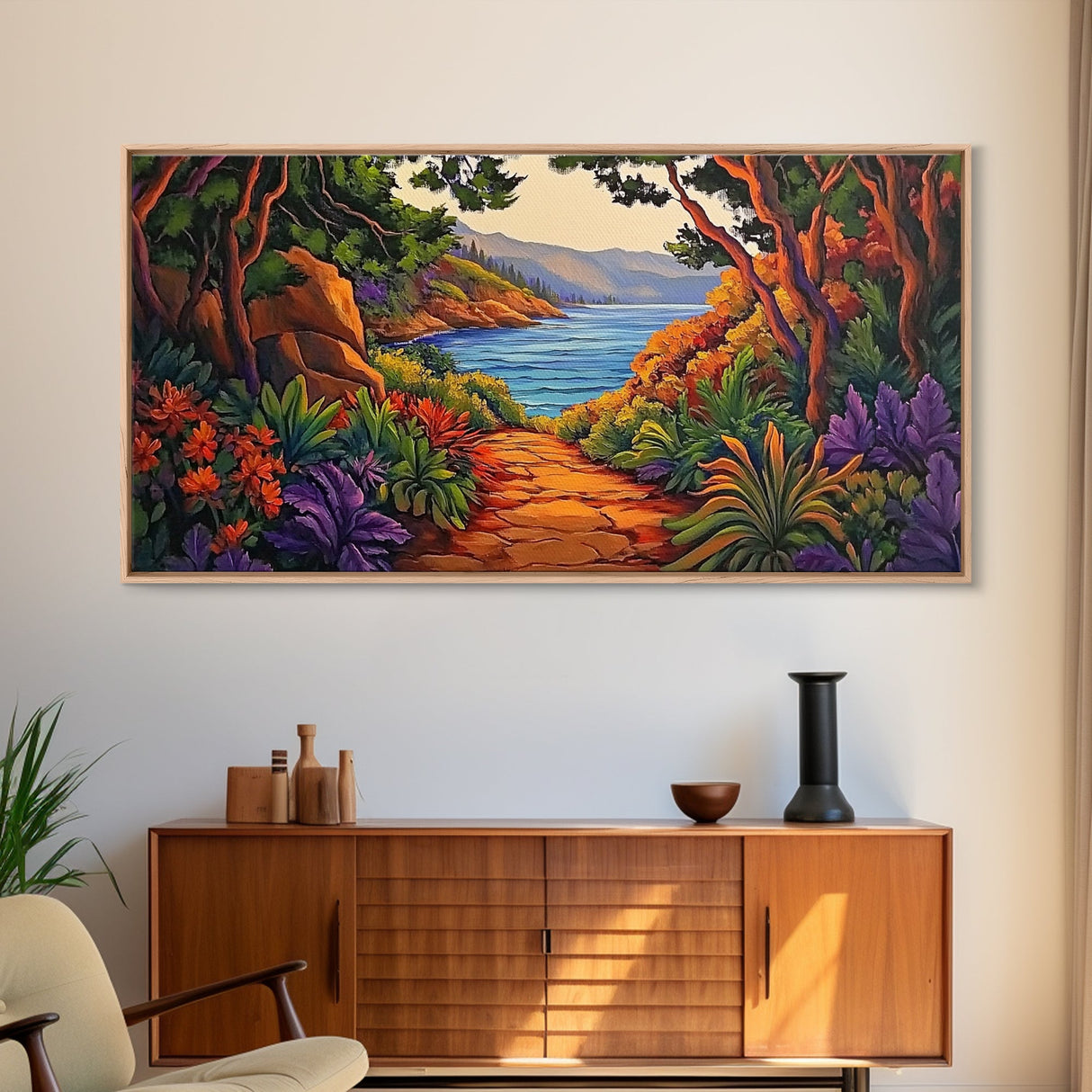 Trail Trees, Ocean, Bright, Framed Canvas Print vibrant nature path artwork, coastal forest boho art, kitchen wall decor