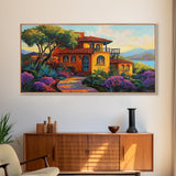 Villa Hillside, Coastal, Colorful, Framed Canvas Print Mediterranean house art, vibrant landscape painting, kitchen boho decor print