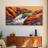 Waterfall Rocks, Flowers, Canvas Print, Colorful Nature Wall Art, Boho Earthy Decor, Vibrant Living Room Accent, Abstract Landscape Art
