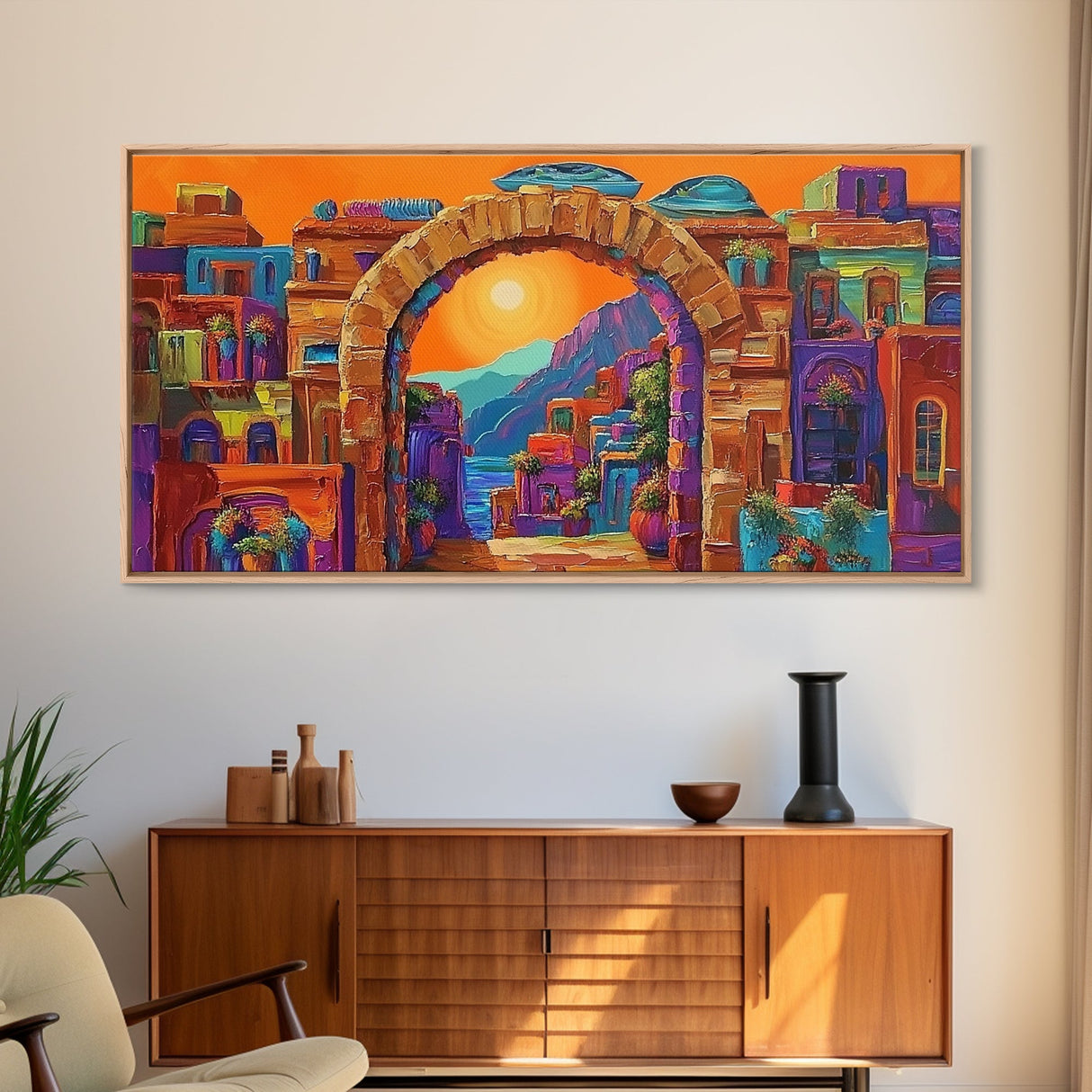 Arch Village, Sunset, Canvas Print, Mediterranean Town Wall Art, Colorful Travel Decor, Eclectic Living Room, Warm Sunset Vibe Art