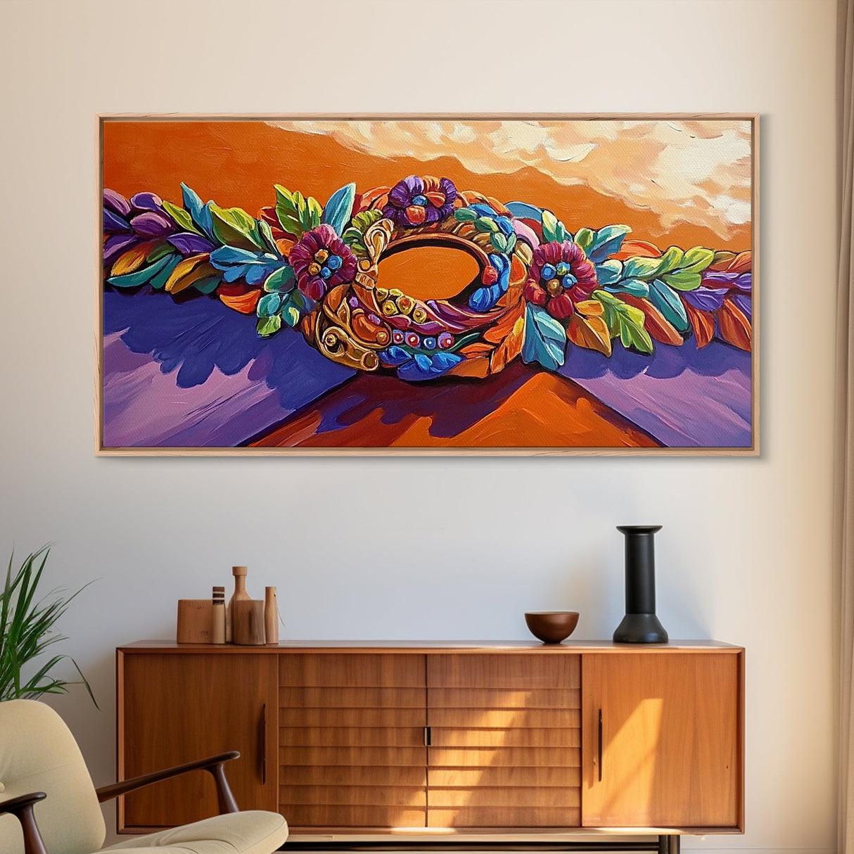Wreath Orange, Floral, Framed Canvas Print, Bright Floral Crown Wall Decor, Whimsical Art Style, Bohemian Bedroom Artwork