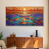 Ocean Sunset, Petals, Framed Canvas Print, Beachy Living Room Decor, Vibrant Seascape Art, Tropical Floral Painting, Boho Home Accent