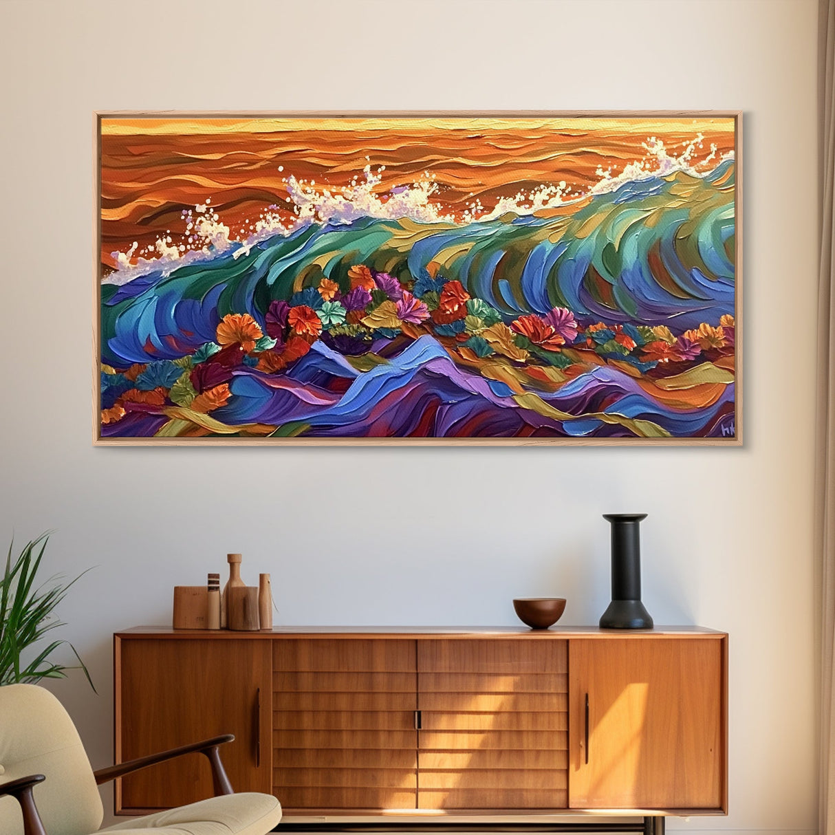 Sunset Ocean, Bold Waves, Color Splash, Canvas Print, Vibrant Seascape Art, Beach House Decor, Coastal Living Room Wall Art