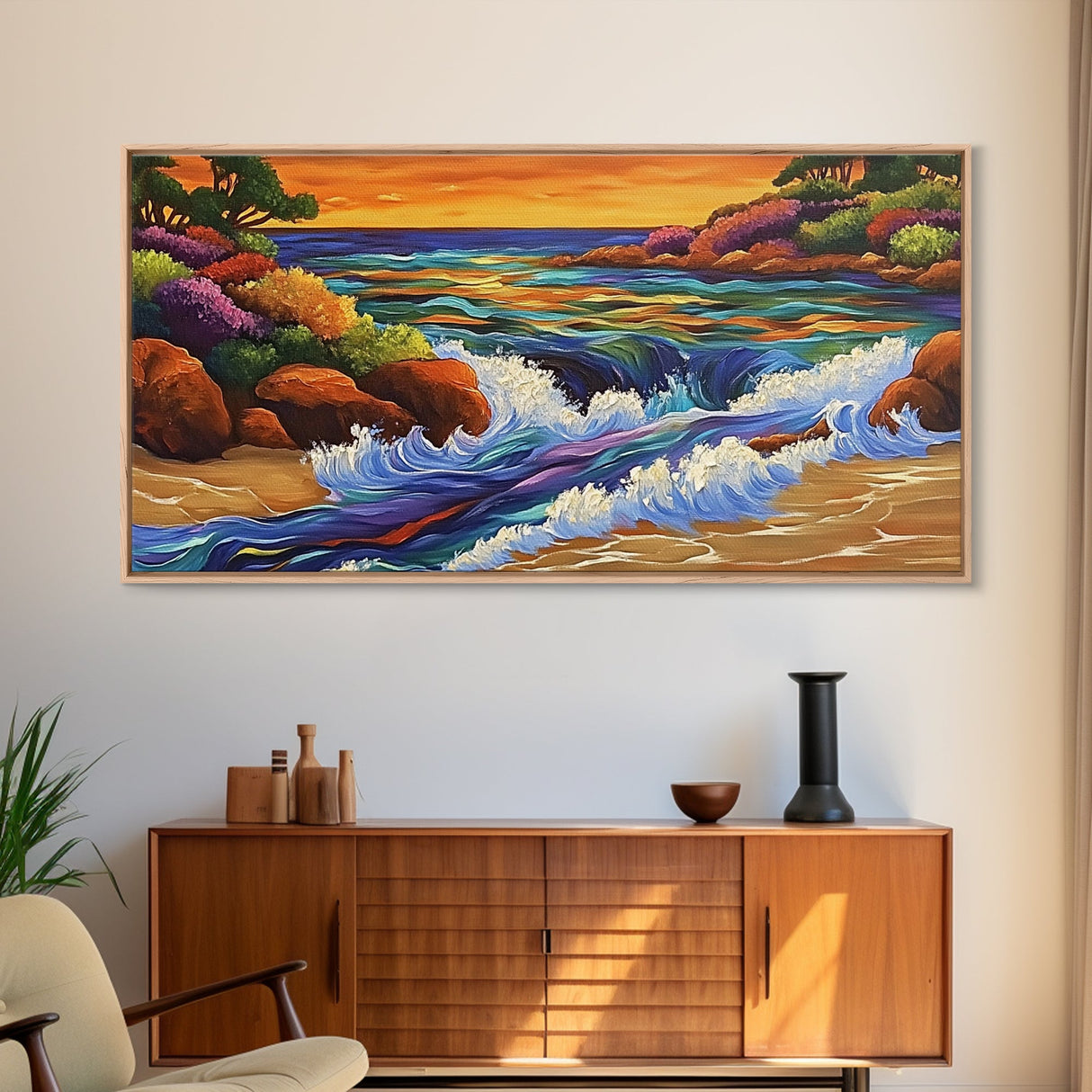 Coastal Stream, Sunset Shore, Nature Escape, Canvas Print, Tropical Landscape Wall Art, Vibrant Living Room or Office Decor