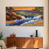 Coastal Stream, Sunset Shore, Nature Escape, Canvas Print, Tropical Landscape Wall Art, Vibrant Living Room or Office Decor