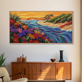 Wildflowers, Coastal Waves, Tropical Shore, Canvas Print, Floral Beach Art, Vibrant Living Room or Kitchen Wall Decor