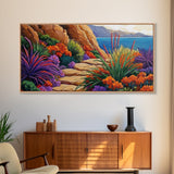 Floral Path, Coastal Trail, Ocean View, Framed Canvas Print, Bright Nature Wall Art, Vibrant Hallway or Kitchen Boho Decor