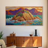 Island Sunset, Coastal Flowers, Ocean Rocks, Framed Canvas Print, Tropical Landscape Wall Art, Colorful Living Room Art, Entryway Decor