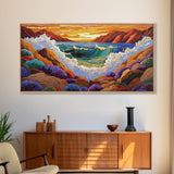 Wave Crash, Sunset Coast, Rocky Horizon, Canvas Print, Dramatic Seascape Wall Art, Ocean Inspired Living Room Art, Study Decor