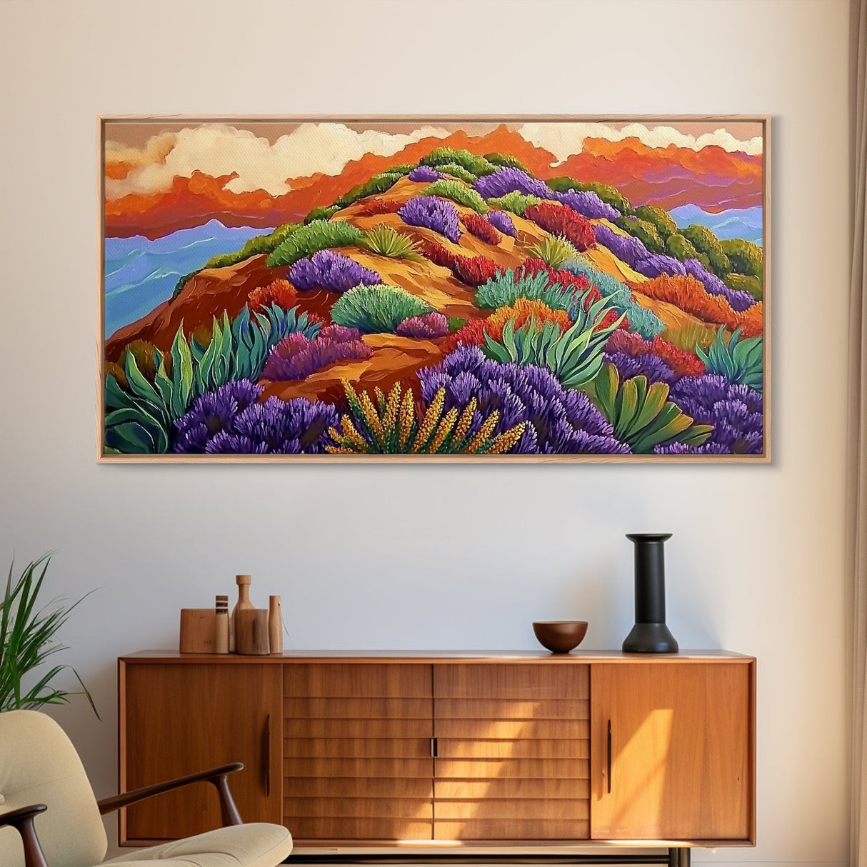 Wildflower Mountain, Sunrise, Hillside, Framed Canvas Print Bold desert landscape, colorful botanical art, boho Fall bedroom decor