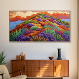 Wildflower Mountain, Sunrise, Hillside, Framed Canvas Print Bold desert landscape, colorful botanical art, boho Fall bedroom decor