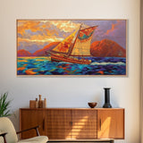 Sailboat Sunset, Ocean, Adventure, Framed Canvas Print Nautical coastal wall art, colorful seascape, bold living room decor