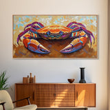 Crab Beach, Bold, Colorful, Coastal Sea Life Framed Canvas Print, Bathroom Wall Art, Nautical Art, Beach House Decor, Ocean Art