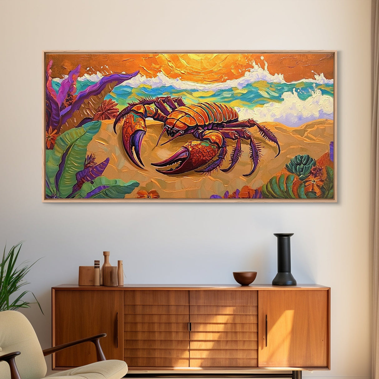 Lobster Beach, Vibrant, Framed Canvas Print, Nautical Coastal Art, Living Room Wall Decor, Tropical Lobster Painting, Bold Ocean Art