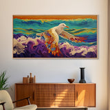 Seagull Ocean, Wings, Framed Canvas Print, Whimsical Bird Wall Art, Nautical Coastal Decor, Colorful Beach Painting, Boho Wall Art