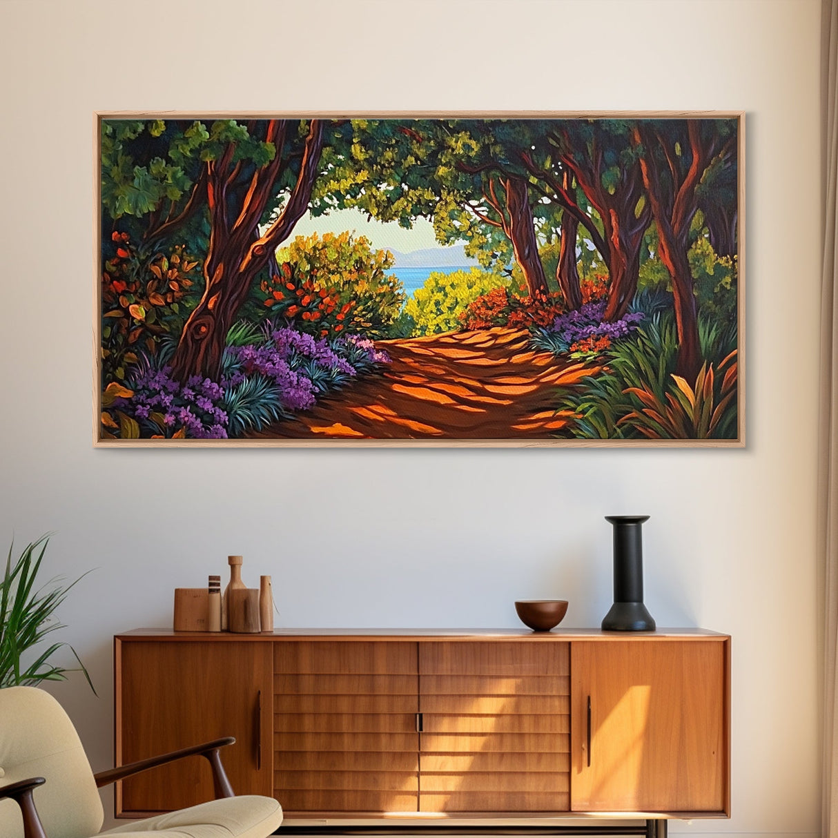 Trees Path, Ocean, Framed Canvas Print, Nature Trail Landscape Art, Peaceful Forest Wall Decor, Tranquil Boho Living Room Art