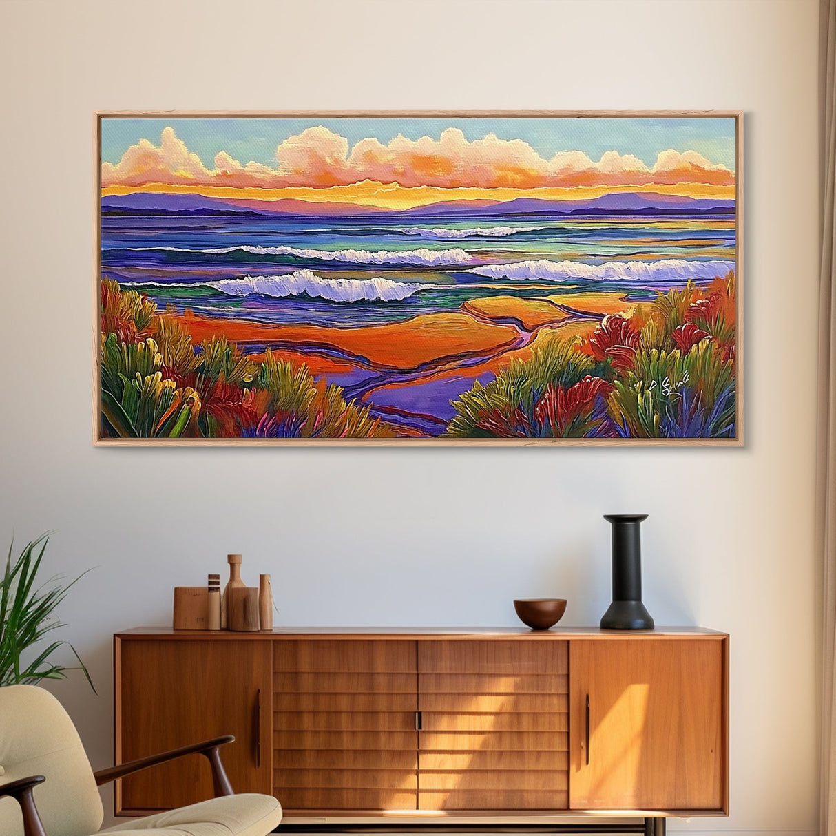 Sunset Ocean, Landscape, Canvas Print, Serene Seascape Painting, Colorful Beach Wall Art, Tranquil Nature Home Decor