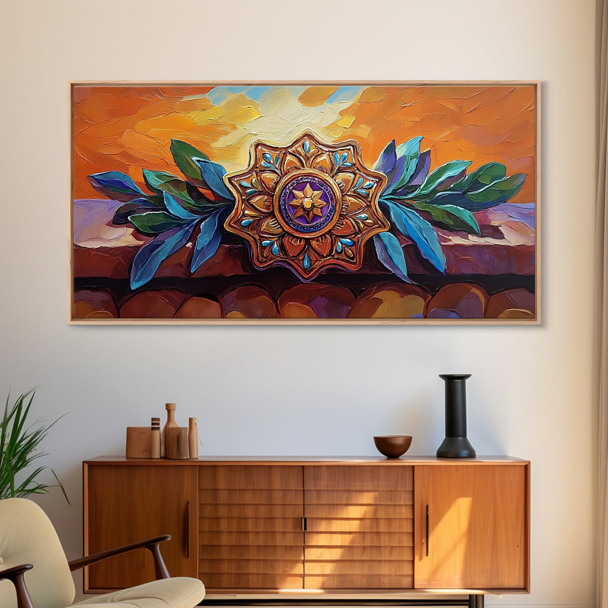 Mandala Sunset, Leaves, Ornament, Framed Canvas Print, spiritual boho wall decor, entryway wall art, zen home sacred symbol painting