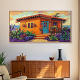 Casita Tropical, Sunset, Garden, Framed Canvas Print, Mexican villa painting, rustic kitchen decor, vibrant coastal house wall art