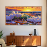 Wave Ocean, Sunset, Surf, Framed Canvas Print, tropical wave wall decor, surf boho art, vibrant beach bathroom or office wall art