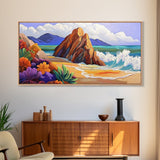 Rocks Beach, Flowers, Ocean, Framed Canvas Print, colorful tropical seascape, modern coastal wall art, bright nature themed decor