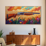 Shotgun Floral, Sunset, Western, Framed Canvas Print, rustic hunting cabin art, bold Americana decor, man cave or lodge wall print