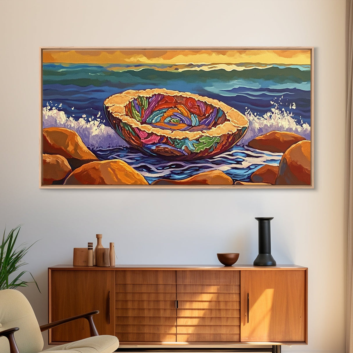Pan Dulce, Ocean, Rocks, Sea, Canvas Print, Mexican sweet bread wall art, kitchen decor, dessert lover painting, bakery-inspired artwork