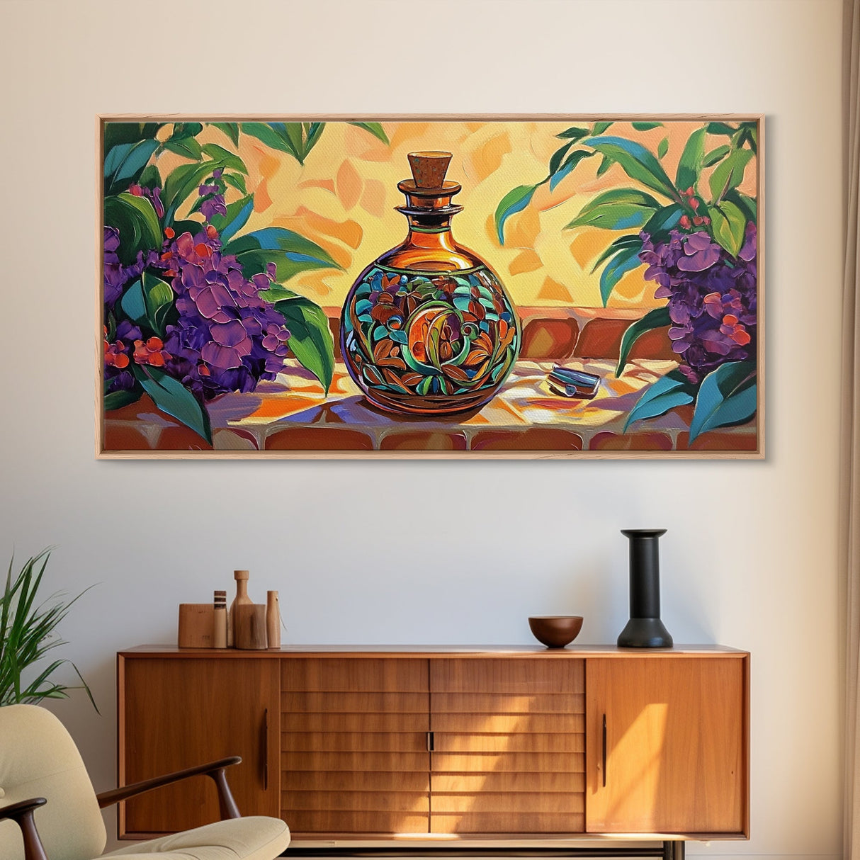 Tequila Bottle, Floral, Decor, Framed Canvas Print, Mexican kitchen wall art, vibrant bottle painting, fiesta bar wall boho artwork