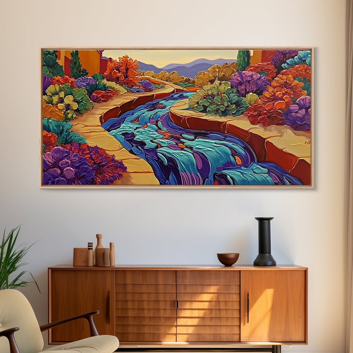 Stream Garden, Colorful, Path, Framed Canvas Print, Southwestern landscape art, bright garden painting, hallway decor, fall home vibe