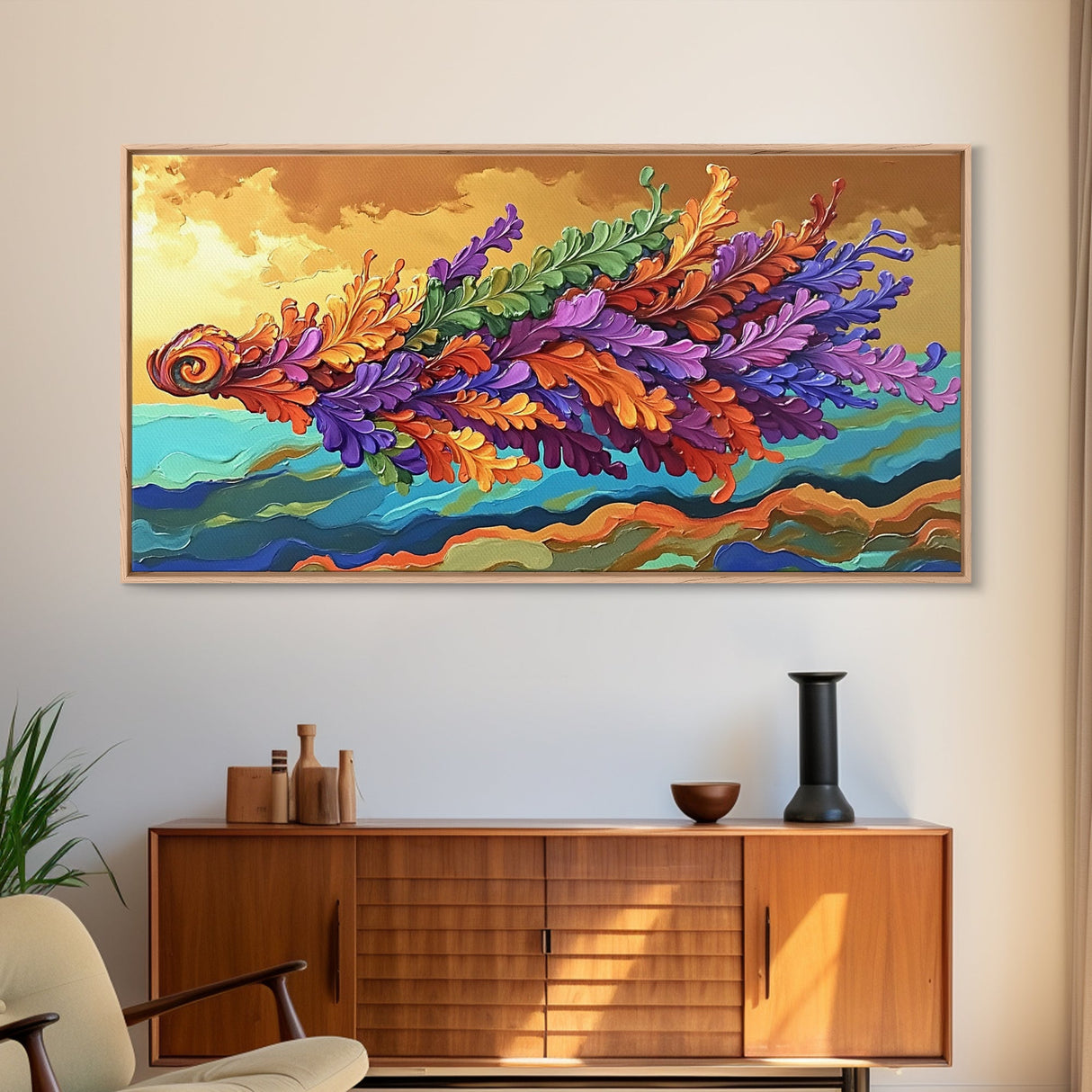Abstract Leaf, Swirl, Flying, Framed Canvas Print, Whimsical nature painting, colorful wall art, boho bedroom decor, modern natural art