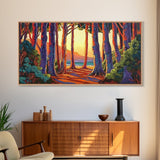 Trees Forest, Ocean, Sunset, Coastal Forest Path Framed Canvas Print, Nature Lover Wall Art, Cabin Decor, Fall Living Room Art