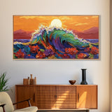 Sunset Wave, Floral, Ocean, Canvas Print, Tropical beach flower art, vibrant ocean wave decor, living room painting, sunset seascape