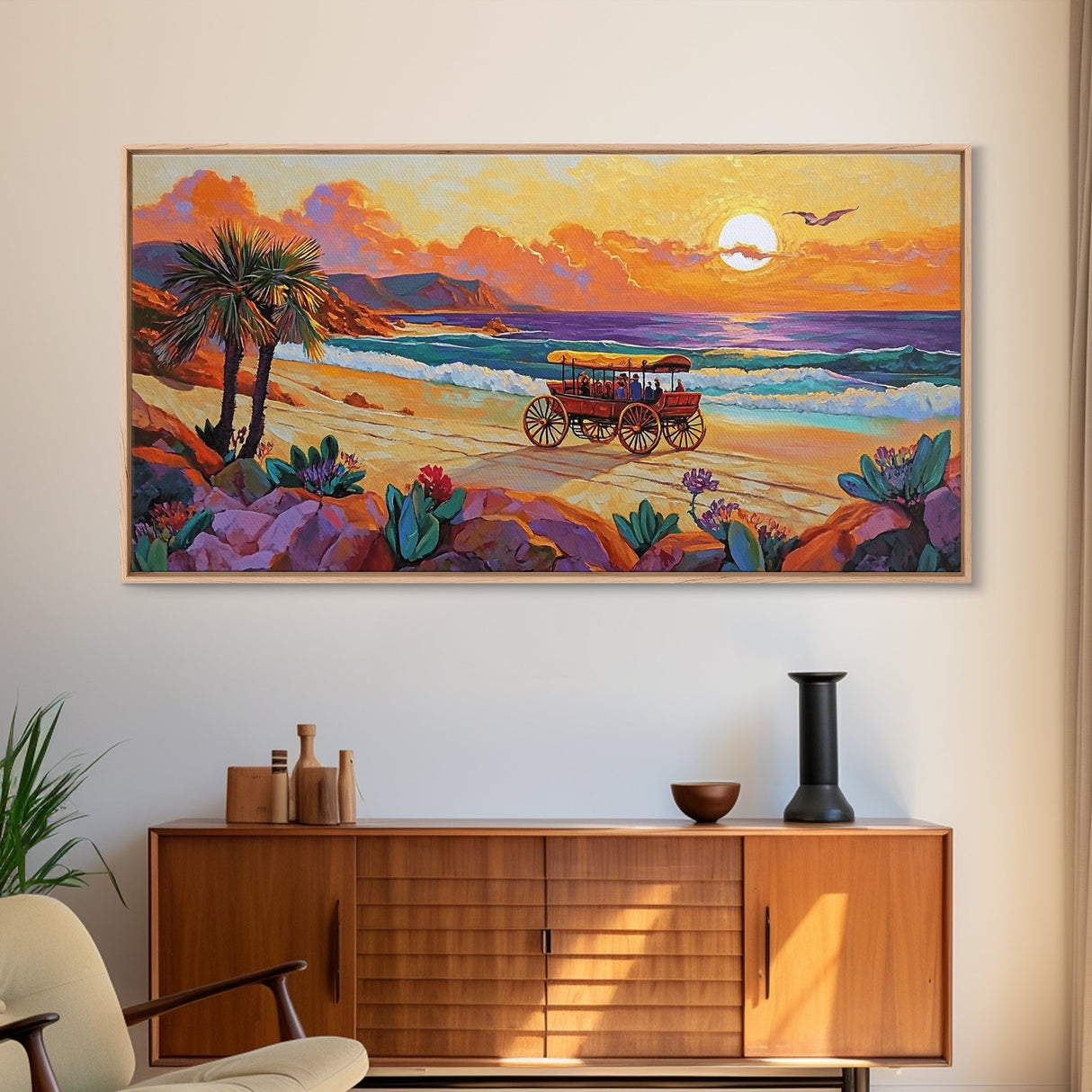 Horse Carriage, Sunset, Beach, Framed Canvas Print, coastal western art, rustic sunset scene, boho living room wall decor