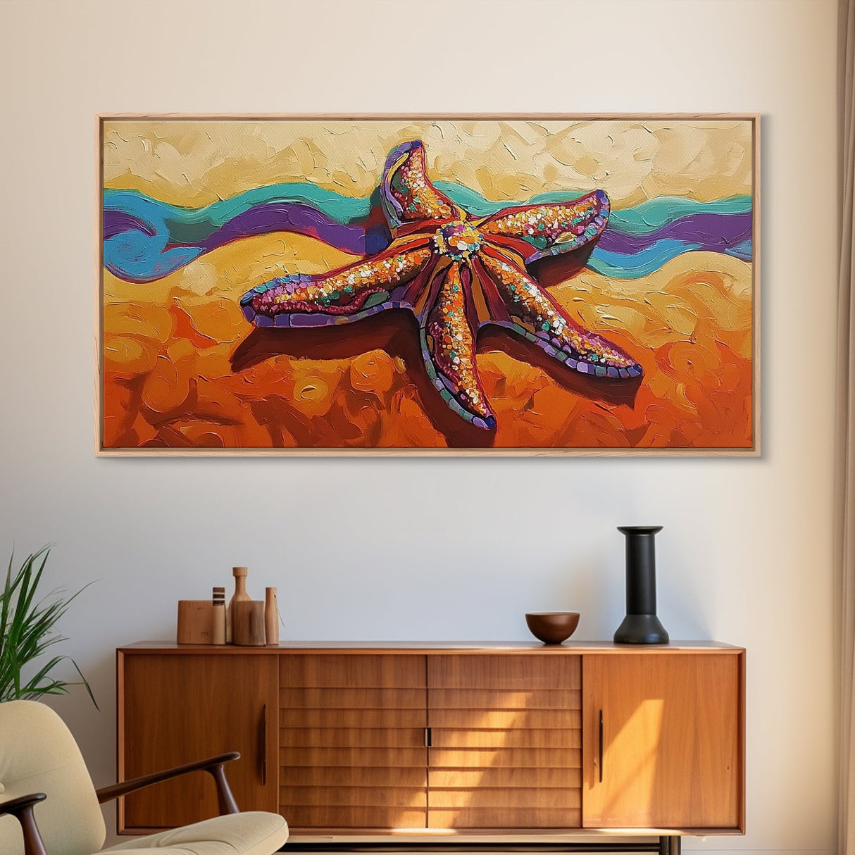 Starfish Beach, Colorful, Textured, Framed Canvas Print, coastal boho decor, ocean theme, beach house bathroom wall art
