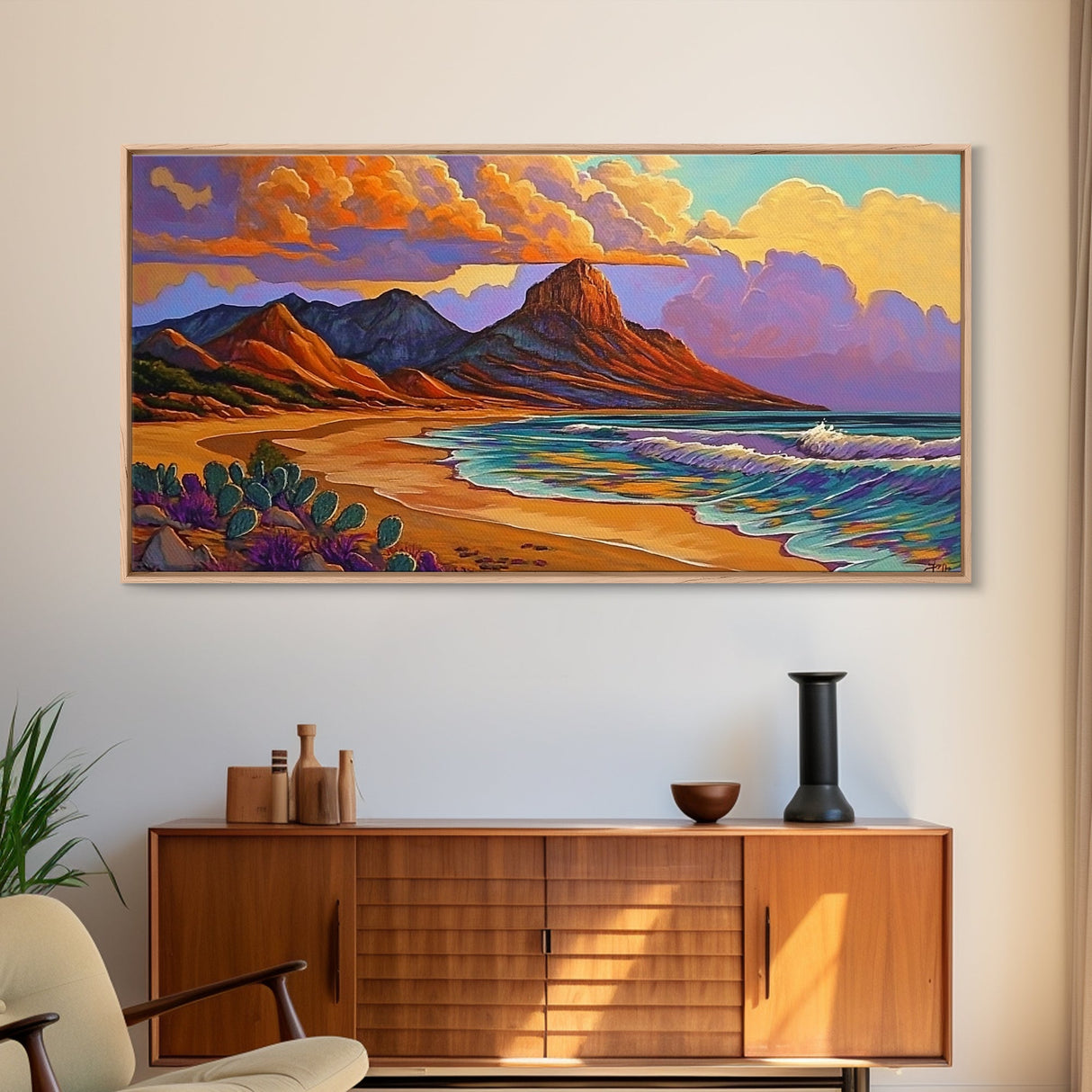 Mountain Desert, Beach, Sunset, Vibrant Desert Mountain Canvas Print, Colorful Southwest Wall Art, Living Room Fall Landscape